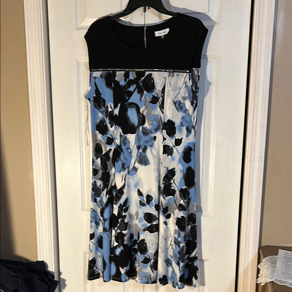 Calvin Klein Black and Blue A-Line Midi Dress NWT